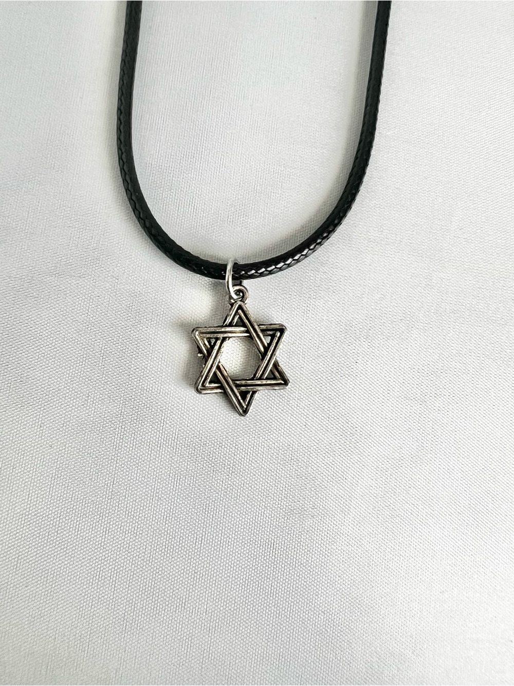 Silver Star of David Pendant Black Leather Cord Necklace